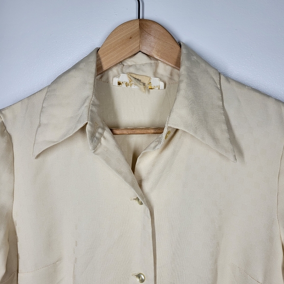 Vintage 70s California Girl Cream Houndstooth Button Up Shirt Dress Small READ - Picture 3 of 10